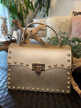 Gold Faux Leather Handbag with Pyramid-Stud Trim
